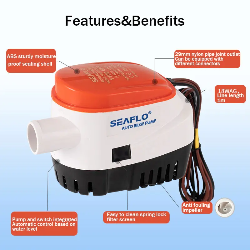 

SEAFLO 12V 1100GPH Fully Automatic Bilge Pump Submersible Pump DC Yacht Marine Accessories