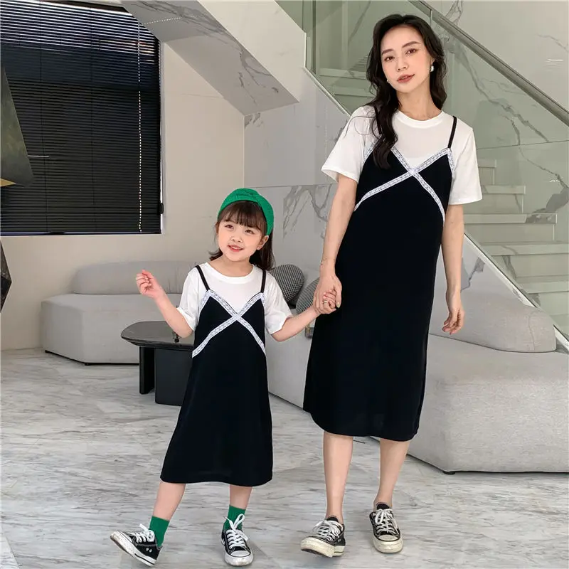 

Одежда для мамы и дочки, летнее цельное платье с коротким рукавом для женщин и девочек, семейные наряды