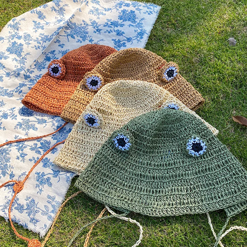

New Cartoon Frog Bucket Hat Straw Panama Fishing Cap Cute Froggy Hat Homme Femme Bob Chapeau Outdoor Sun Fisherman Hat Gorras