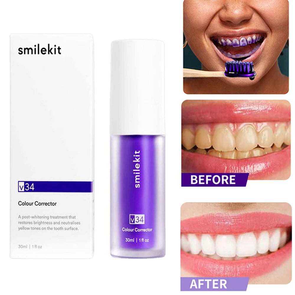 

30ml V34 Purple Whitening Toothpaste Fresh Breath Brightening Remove Stains Reduce Yellowing Care for Teeth Gums Color Corrector