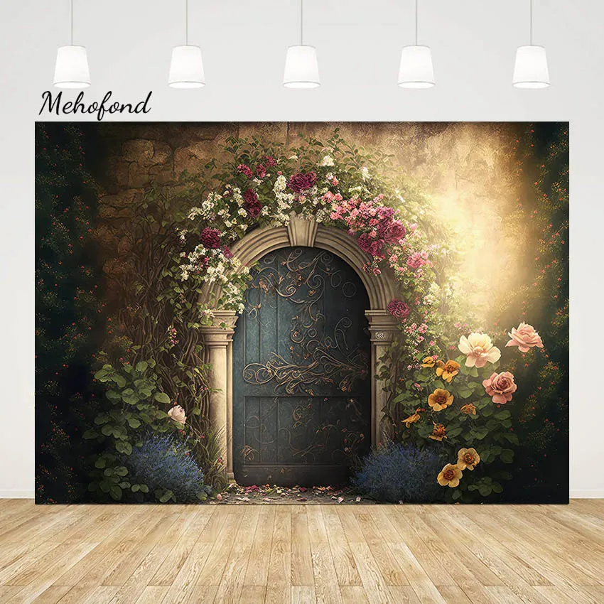

Mehofond Vintage Oil Painting Photography Backdrop Door Flower Mysterious Fairyland For Newborn Birthday Party Background Studio