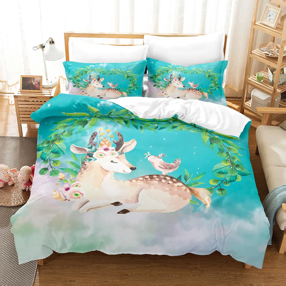 

Nordic Style Cartoon Deer Print Duvet Cover Cute Animals Bedding Set Kids Quilt/Comforter Covers And Pillowcase Full Size 2/3pcs