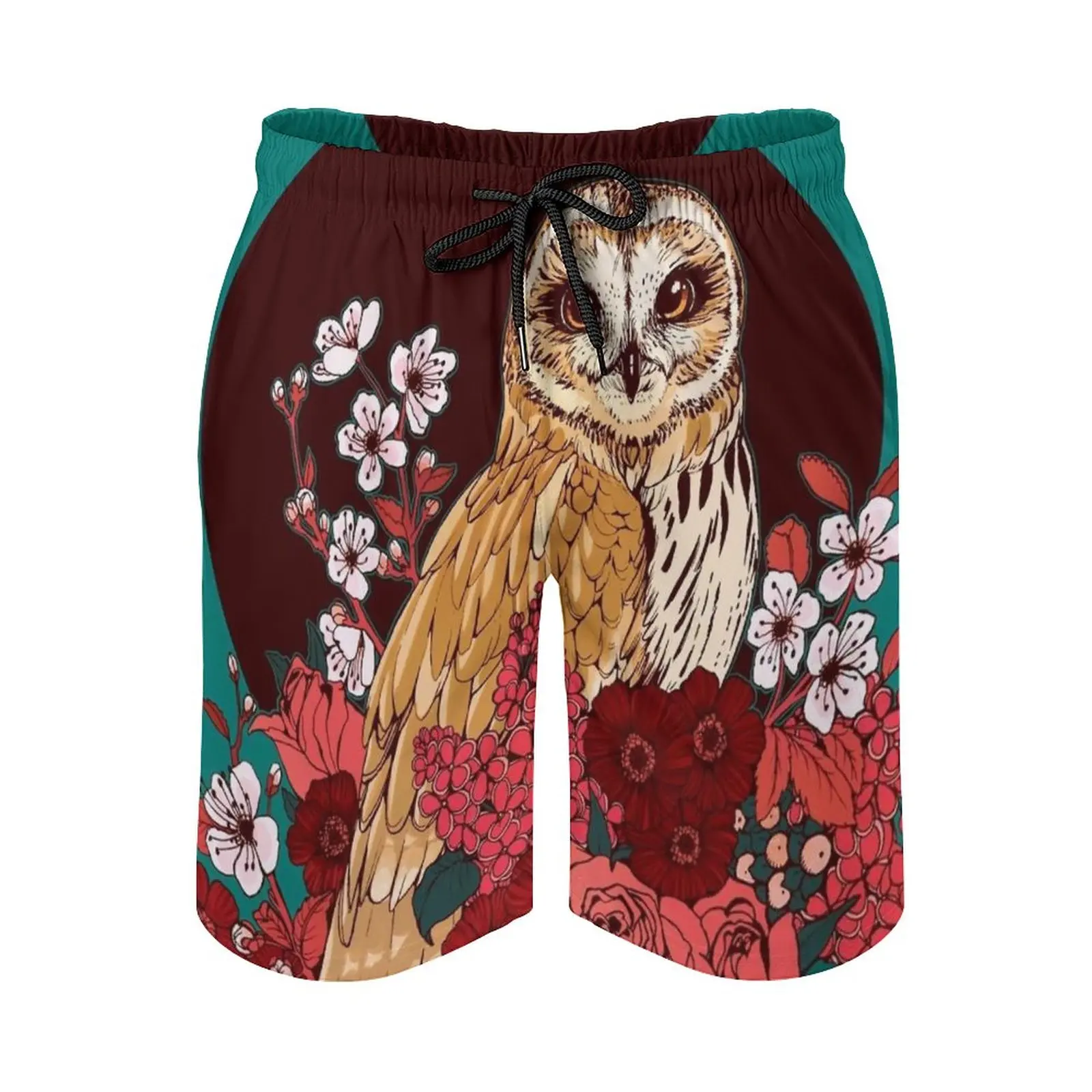 

Owl Floral Men's Swim Trunks Quick Dry Volley Beach Shorts With Pockets For Men's Owl Flowers Blossoms Plum Roses Short Eared