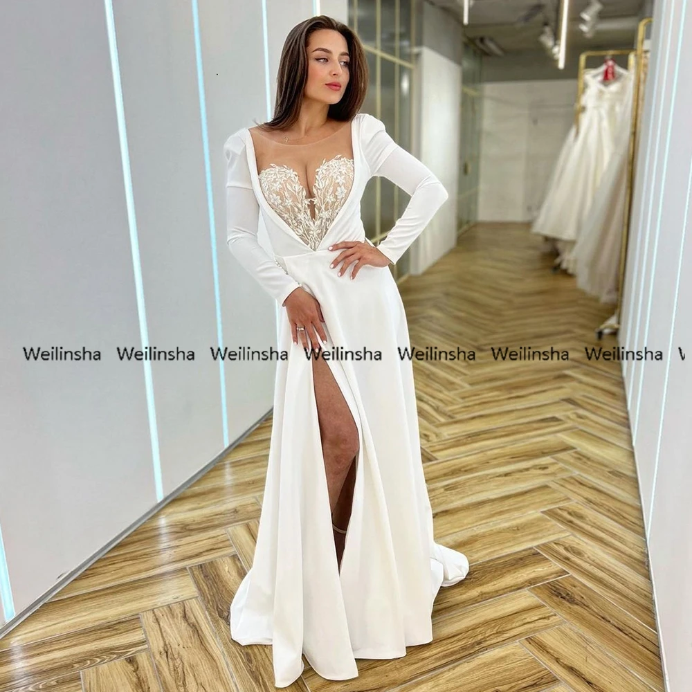 

Weilinsha High Slit Cap Sleeve Wedding Dresses with Jersey 2022 Summer Deep V Neck Bridal Gowns New Arrived Robe De Mariée Sale