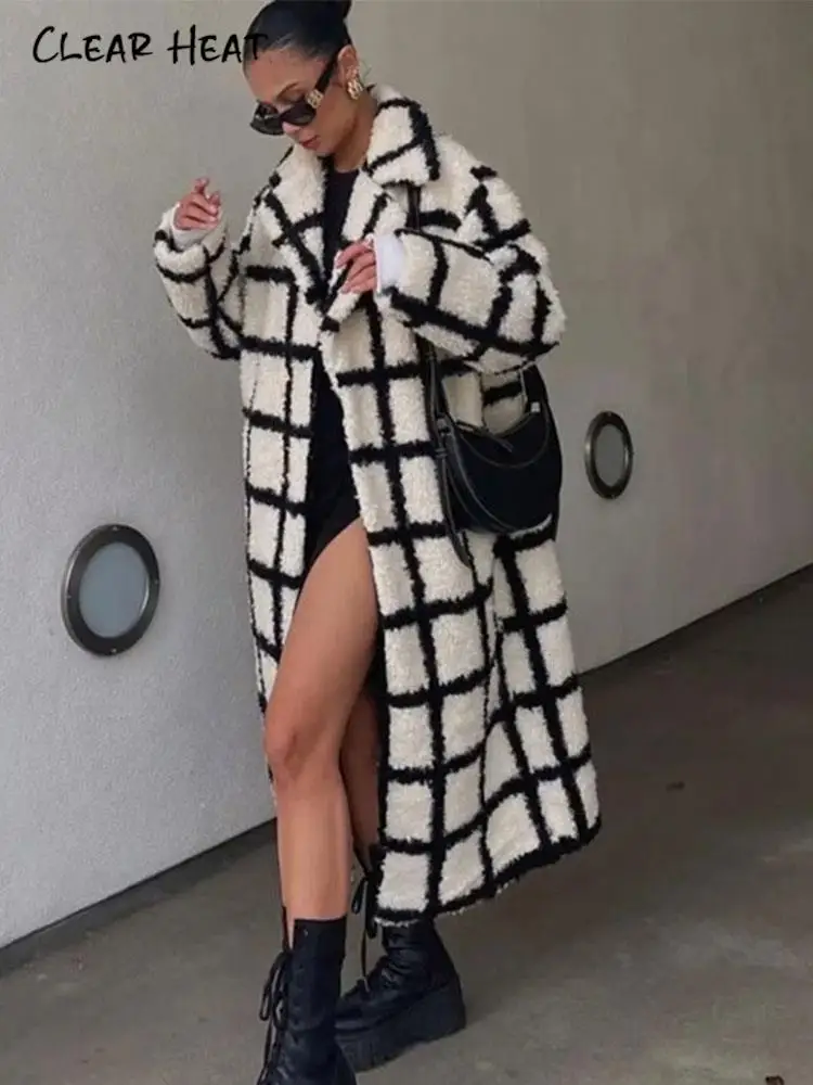 

2022 Fall Winter Faux Lamb Plaid Lapel Women Long Coat Female Full Sleeve Button Pocket Overcoat Office Lady Elegant Windbreaker