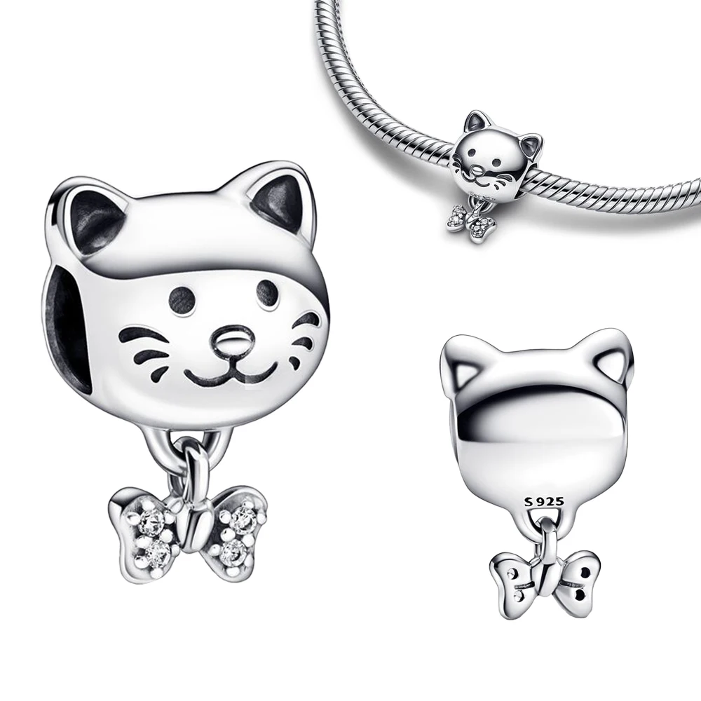 

New 925 Silver Beads Pet Cat & Bow Charm Fit Pandora Original Bracelets Fashion DIY Woman Charms for Jewelry Making