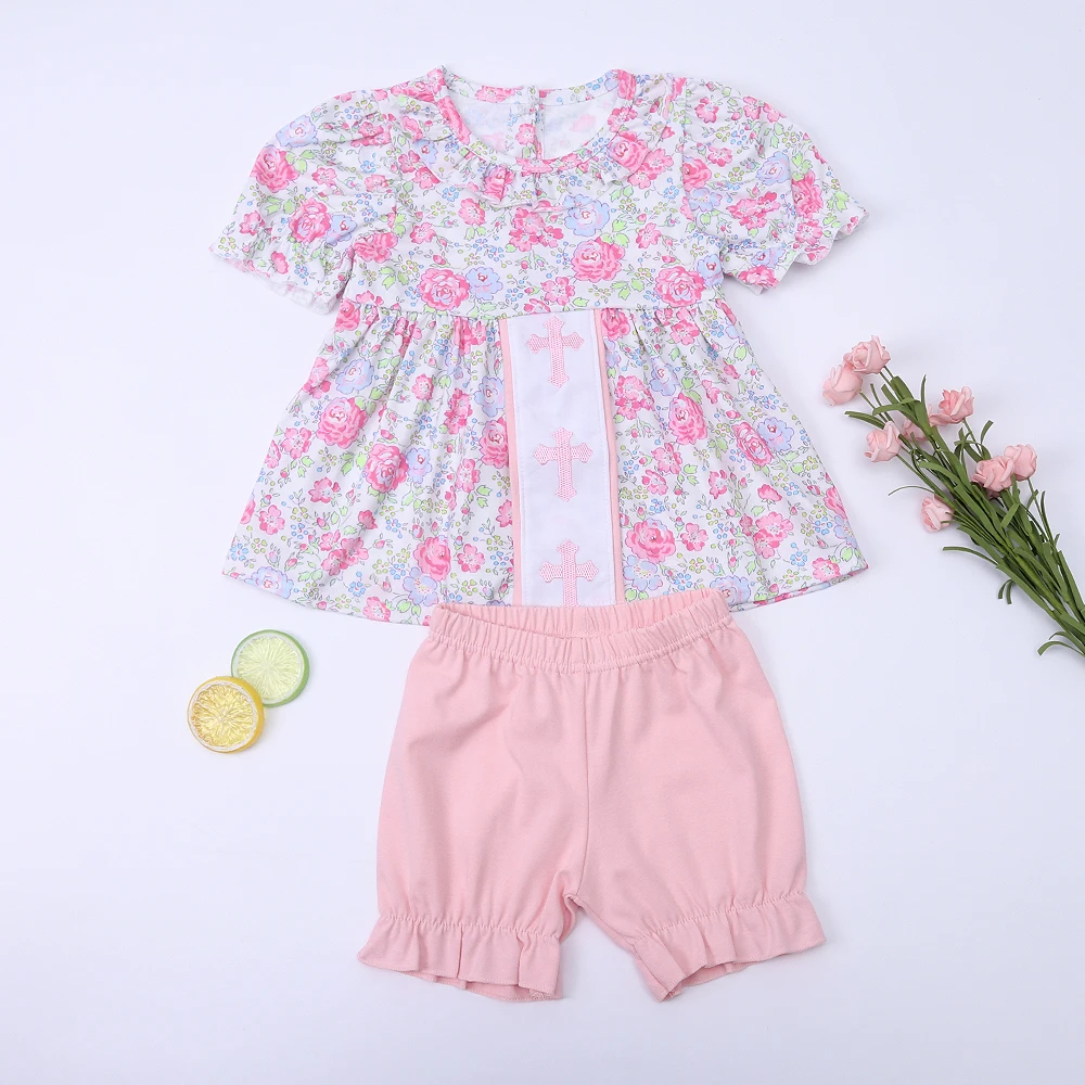 

1-8T Easter Girls Set Clothes Short Sleeve Two-piece Outfits With Cross Embroidery And Flower Print Purple Top Pink Shorts Suit