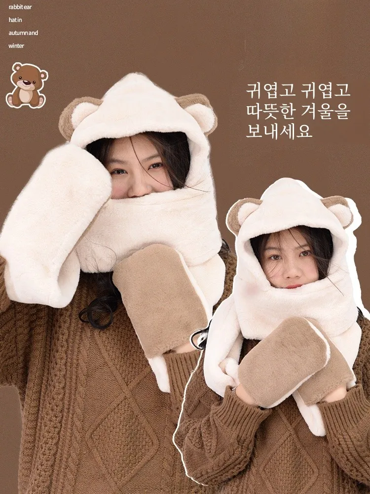 Шапка-шарф с медведем перчатки интегрированный женский осенне-зимний меховой