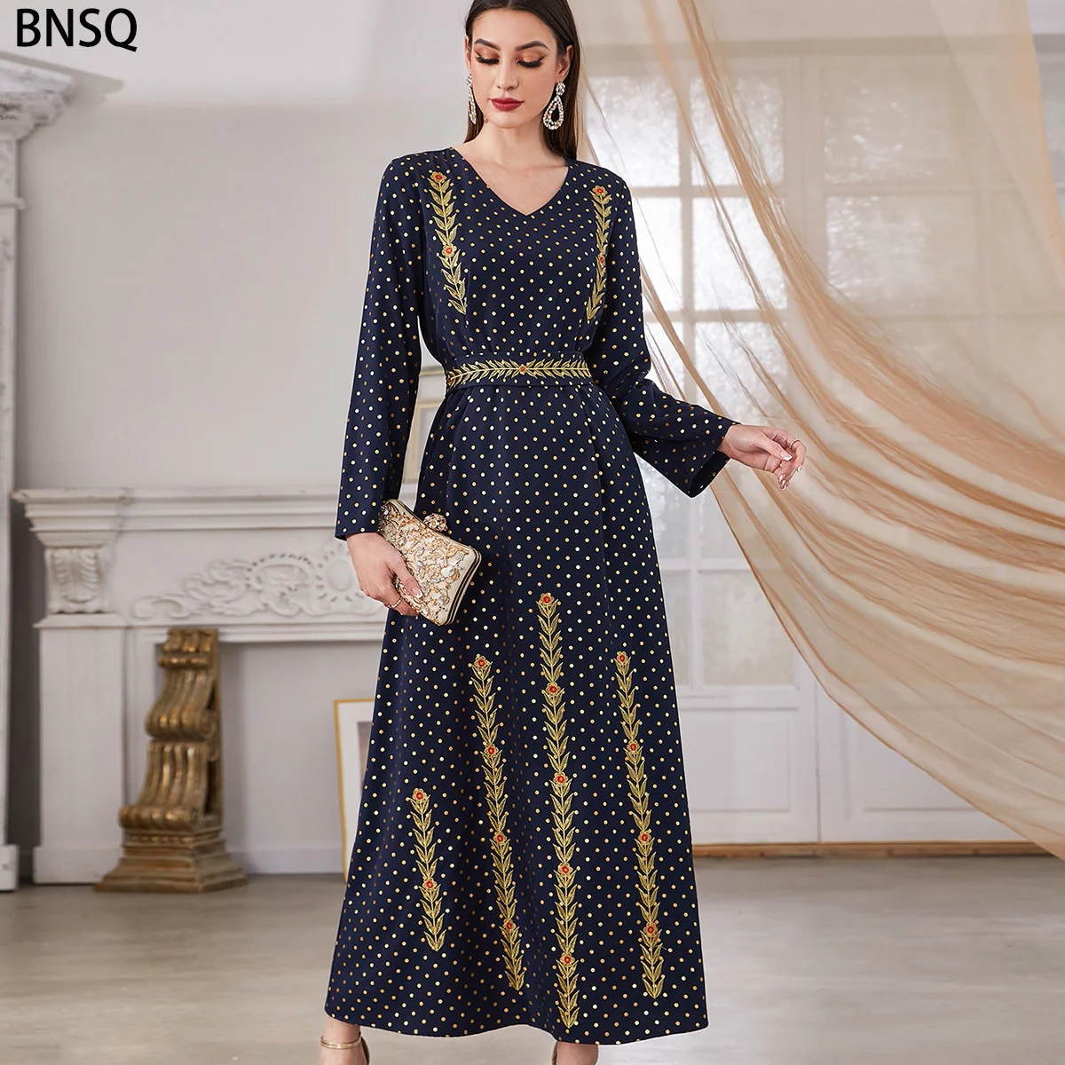 Arabian Robe Dark Blue Embroidery National Dot Print Long Sleeve Lace Up Fashion Four Seasons Dress