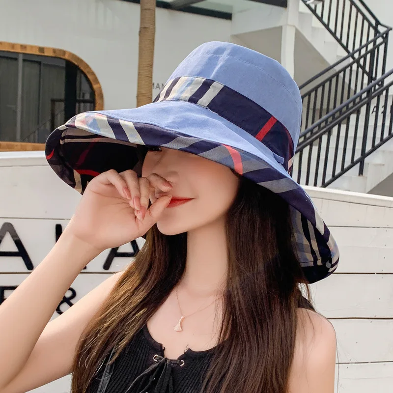

2021 Summer Beach Women's Sun Hat Outdoor Leisure Plaid Fisherman Hat Women Autumn Protection Round Basin Hat Cap