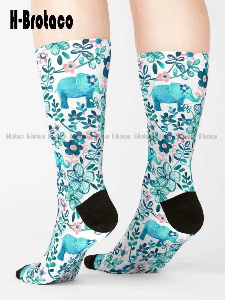 

Dusty Pink White And Teal Elephant And Floral Watercolor Pattern Socks Cute Socks For Women Ladies Sports Harajuku Retro Cartoon