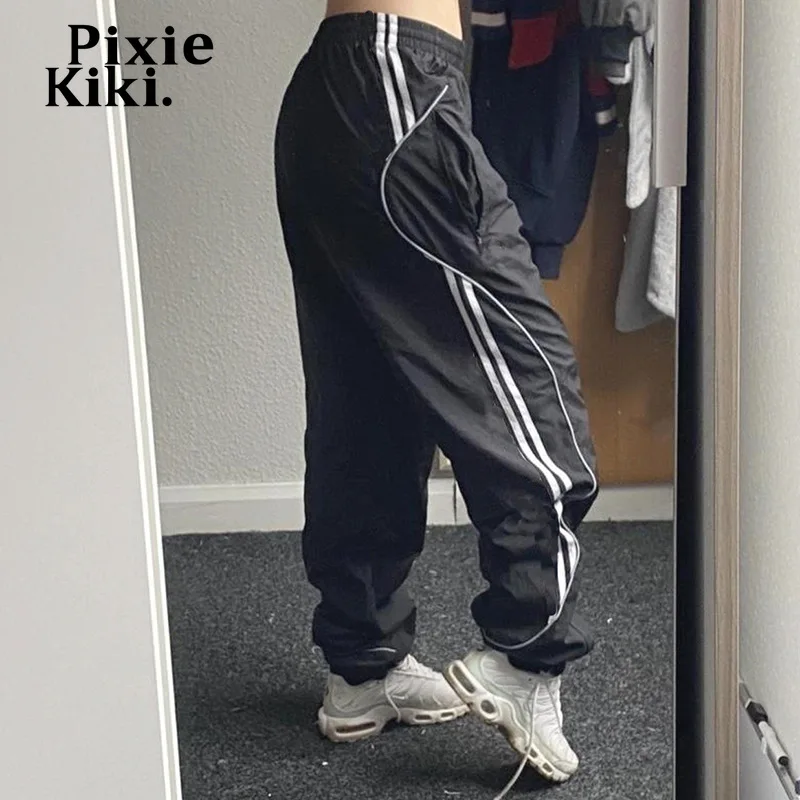 

Черные свободные спортивные брюки PixieKiki в полоску по бокам, уличная одежда Y2k, стильные брюки для женщин, повседневные брюки в стиле хип-хоп
