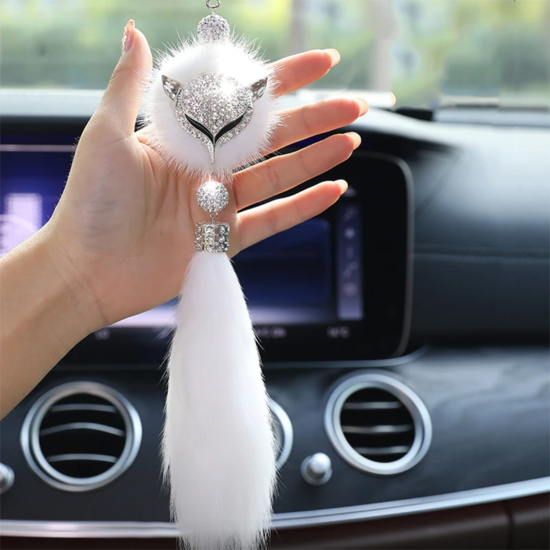 

8 Colors Cute Fox Rear View Mirror Ornament Fur Bling Rhinestone Car Mirror Hanging Accessories Car Interior Plush Pendant