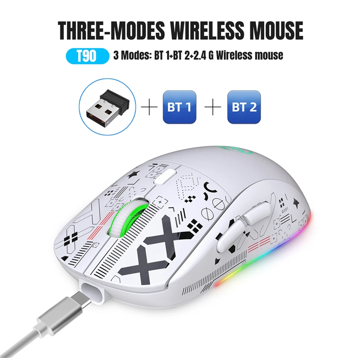 HXSJ T90 Беспроводная механическая мышь 2 4G Игровая RGB Эргономичная с разрешением 3600