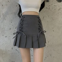 fashion teenager student girl cute japanese korean lolita slim summer high waist sexy lace up tie bow bodycon pleated mini skirt