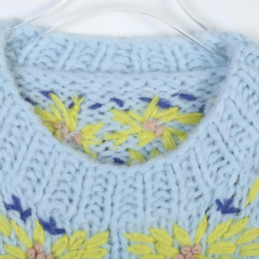 Желтый цветок вышитый вязаный свободный шерстяной пуловер женский с круглым