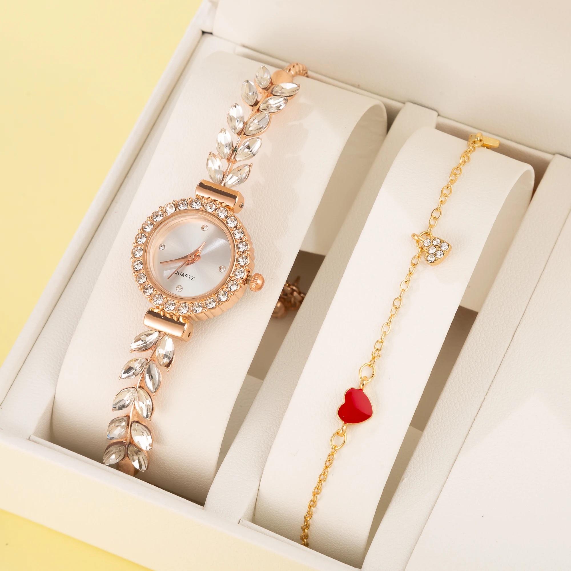 2Pcs Set Luxury Diamond Crystal Leaf Bracelet Watch for Women Fashion  Stainless Steel Watches Ladies Small Dial Quartz Wristwat