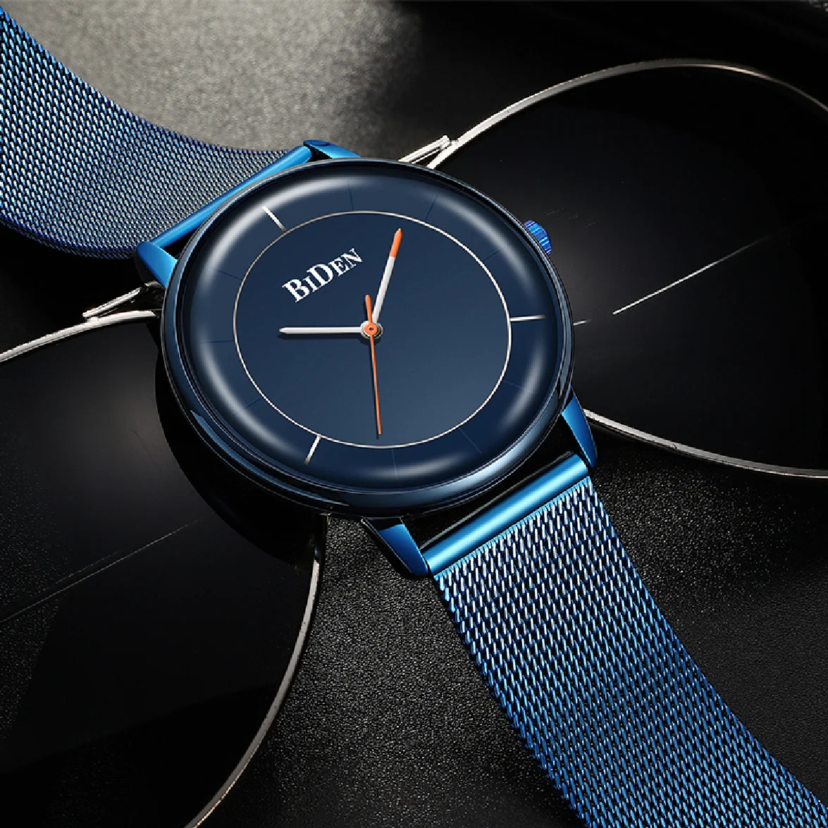 

Mens Watch Ultra-thin Steel Mesh Band Quartz Wristwatch BIDEN Luxury Brand Men's Waterproof Simple Watches Gift erkek kol saati