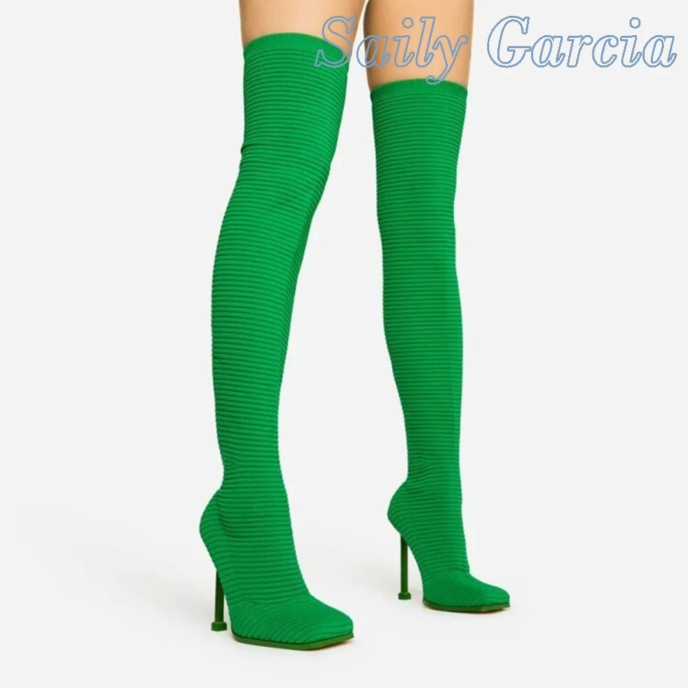 

Knitted Breathable Elastic Socks Boots Catwalk New Stiletto Square Toe Pleated Over the Knee Long Tube Stovepipe Shoes