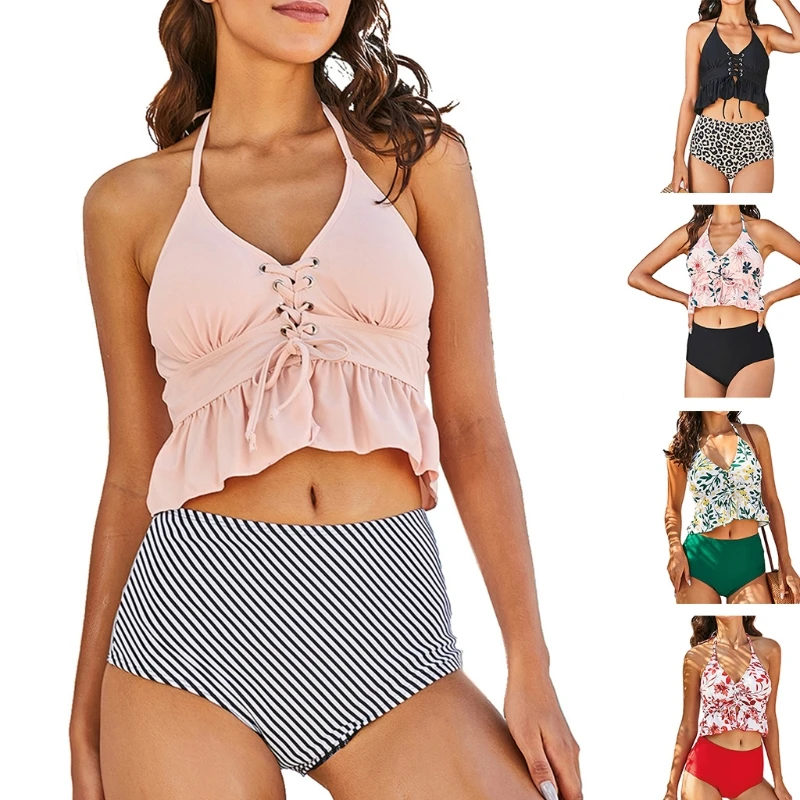 

Женский сексуальный комплект бикини с цветочным принтом, 2 шт., купальник на шнуровке с высокой талией D5QD