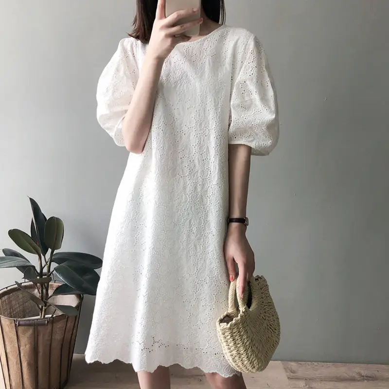 

Dress Short Sleeve French Lace Hollowed Out Bubble Sleeve Medium Long Loose Thin Women's Summer White Skirt
