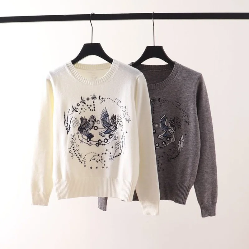 

2022 Autumn Winter Women Sweater Pullovers Wool Knitwear O-Neck Jumper Birds Embroidery Casual Jersey White Grey Japanese Korean