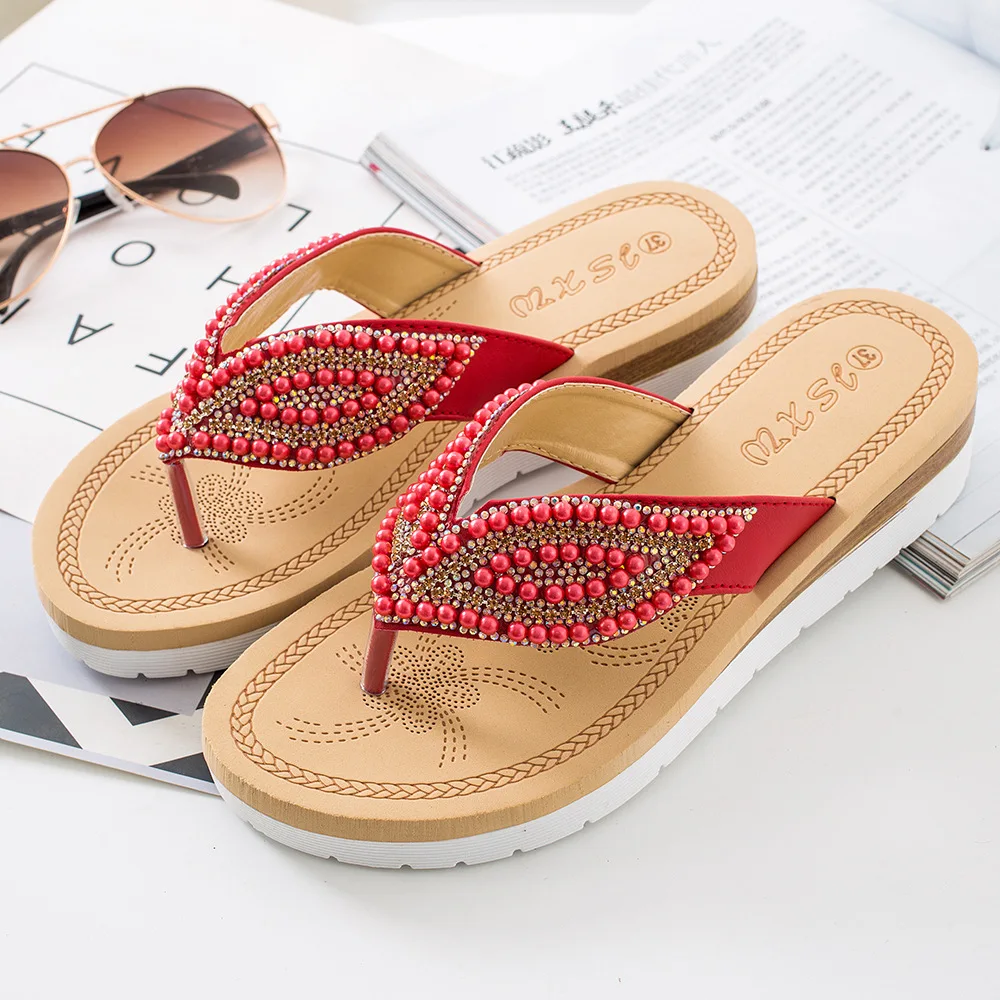 

2023 Summer Women Wedge Sandals Pearl Leaves Flip Flops Sandals Vintage sandalias de mujeres Female Platform Beach Shoes