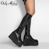 onlymaker womens platform knee high boots wedges round toe matte black soft pu high heels zipper concise large size boots
