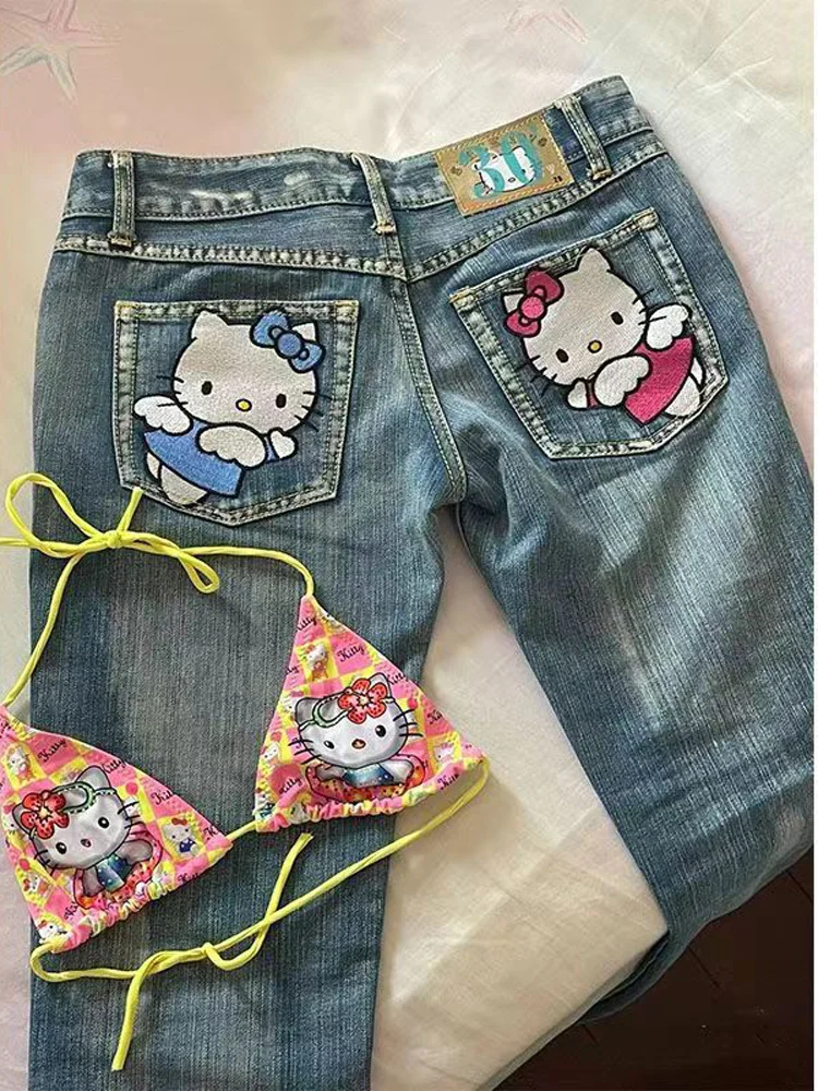 

Женские джинсы с заниженной талией y2k, винтажные брюки в стиле 90-х с мультяшным принтом, стирка, новинка, женские джинсовые брюки, уличная одежда