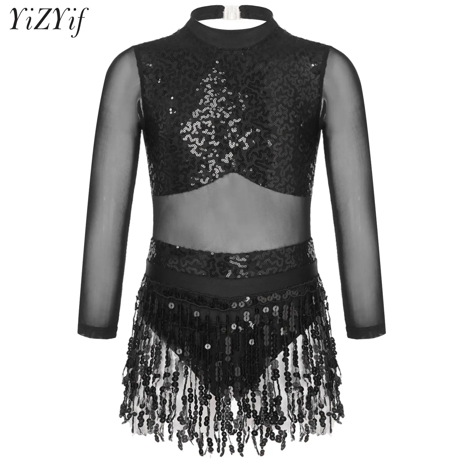 

Kids Girls Shiny Sequins Latin Dance Dress Sheer Mesh Long Sleeve Backless Tassel Skirted Leotard Modern Jazz Dancewear Costume