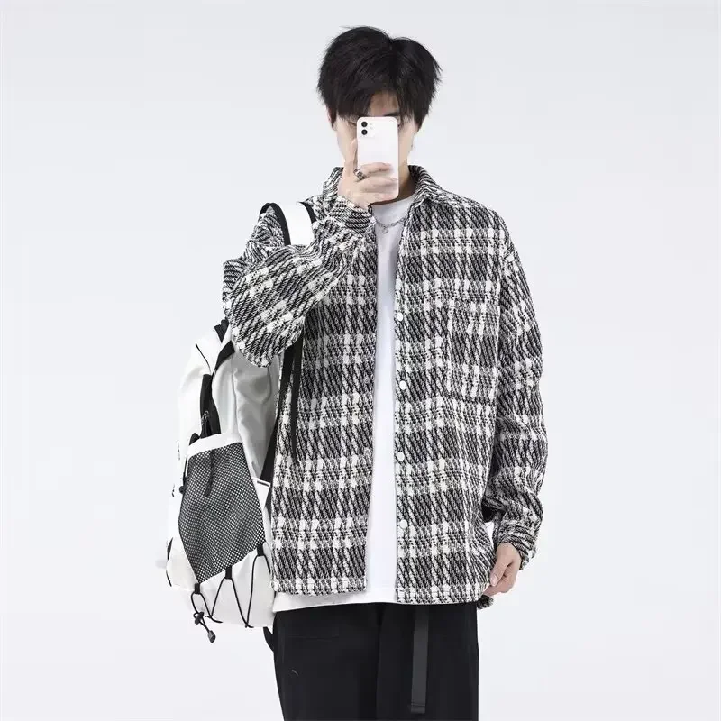 2024 New Spring Trendy Japanese Vintage Loose-fit Casual Tweed Jacket Men's Fashionable Lapel Cloth Coat