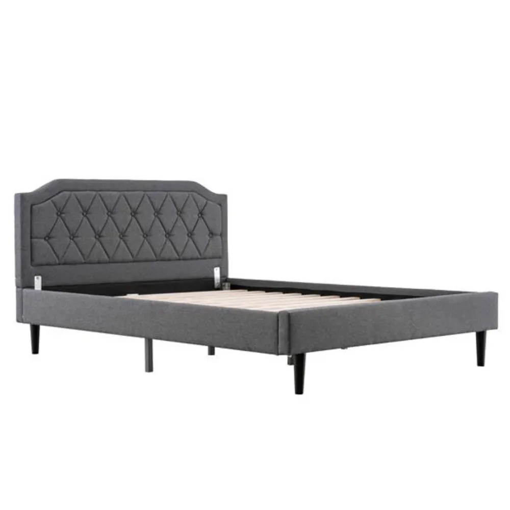 Upholstered Bed With Diamond Buckle Decoration, Linen Dark Gray Queen Bed Easy To Assemble Stylish And Modern