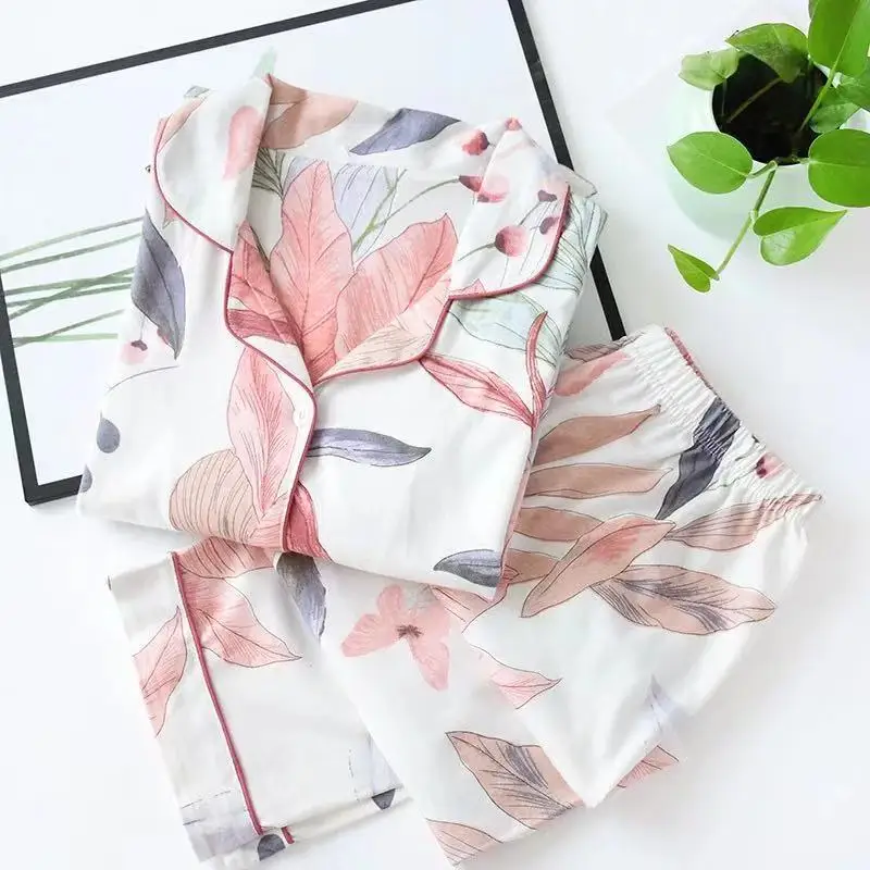 

2021 Spring Leaves Printed Women's Pajama Cotton Plus Size Two-piece Set Brief Fashion Long Sleeve Home Clothes Female Sleepwear