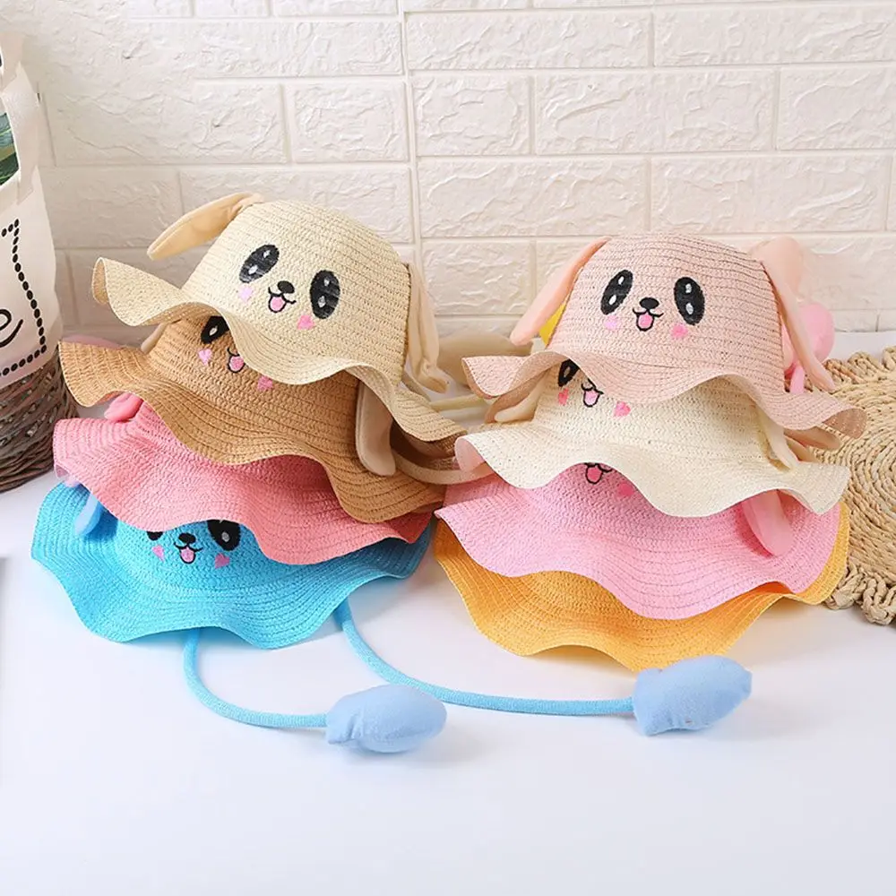 

Соломенная шляпа с заячьими ушками, детская Солнцезащитная шляпа, летняя Солнцезащитная движущаяся шляпа кролика с ушами для косплея, женская шляпа для праздника