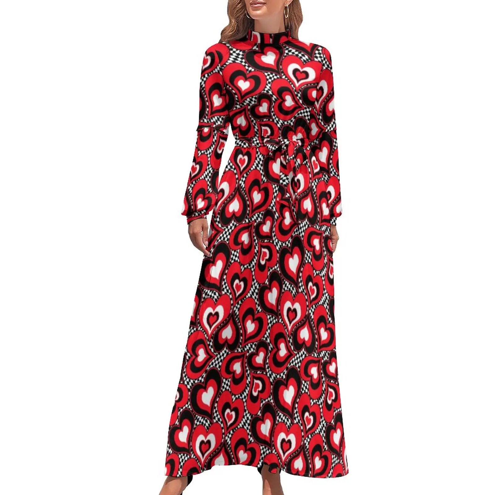 

Love Heart Dress Red White Holiday Design Long-Sleeve Print Maxi Dress Summer High Waist Street Fashion Bohemia Long Dresses