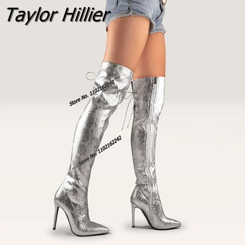 

Silver Sexy Super High Heel Knee High Boots Pointed Thin Heel Side Zipper Solid Color Large Size Walking Steel Pipe Dance Shoes
