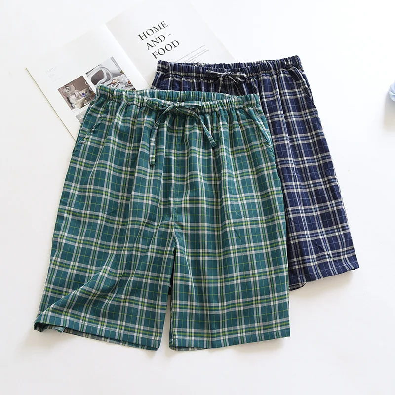 

Summer Shorts Pajamas Men's Thin 100% Cotton Loose Double-layer Gauze Home Pants Plaid Sleep Bottoms Pijama Hombre Sleepwear