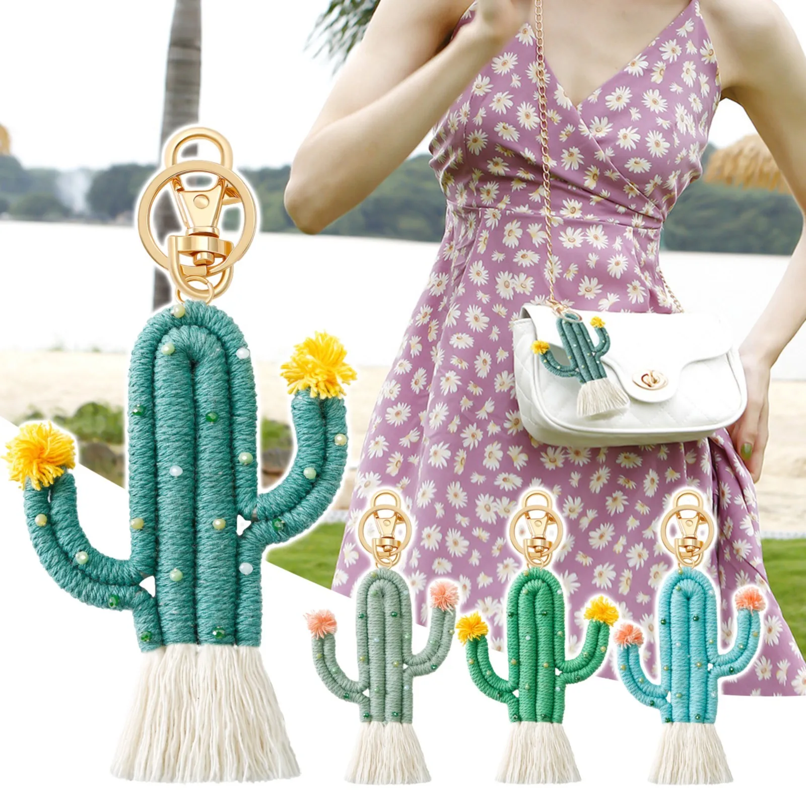 

Green Cactus Key Chain Boho Beads Handwoven Hand For A Bag Pendant