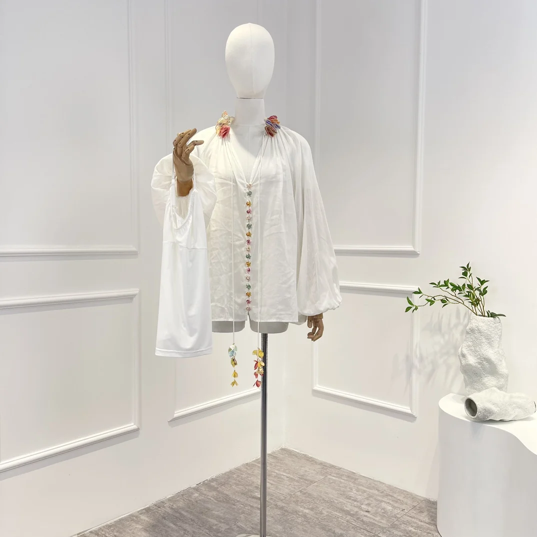 

Женская блузка на пуговицах, однотонная белая блузка с аппликацией, весна 2023