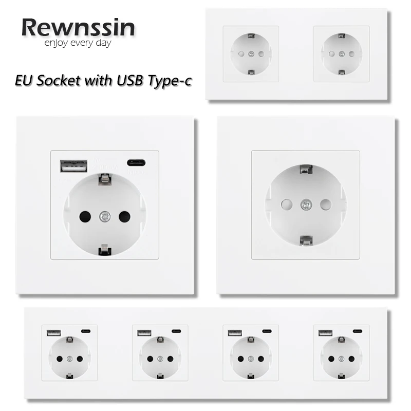

Rewnssin TypeC and Usb Power Socket 1/2/3/4 Outlets Home Wall Plug Mounted Electricy White Plastic Frame Hot Sales Russian