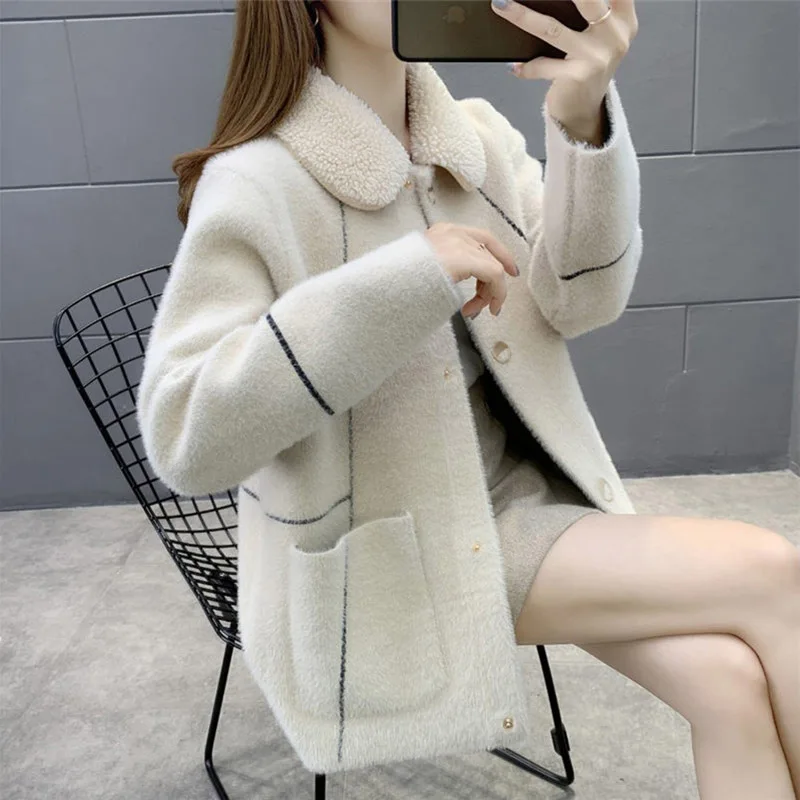 

Mink Fleece Jacket Women Autumn And Winter 2023 New Short Thick Loose Ladies Korean Knitted Sweater Cardigan Lapel Coat