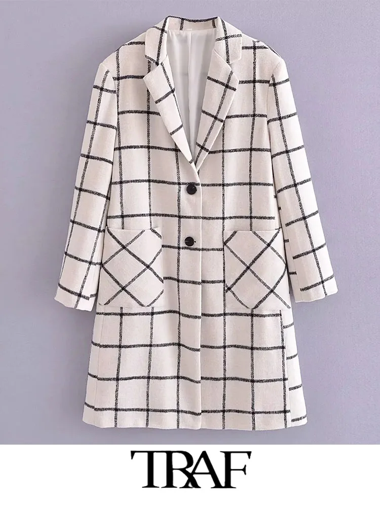 

TRAF 2022 Overcoat Women Fashion Leisure New Single-breasted Plaid Mid-length Coat With Lapel Female Outerwear