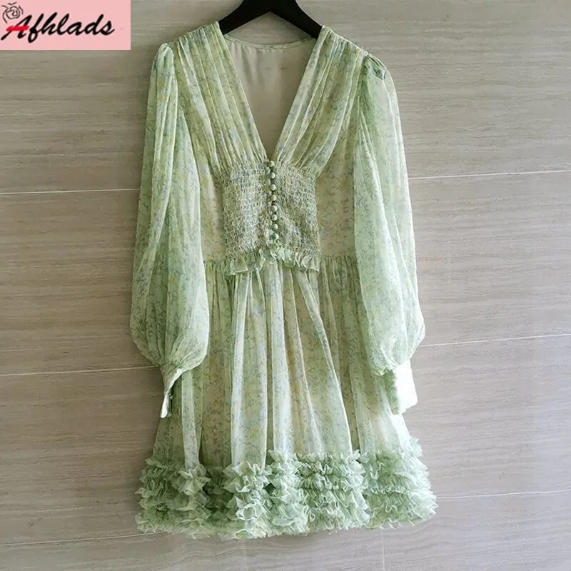 

Chiffon Women's Design Floral V-Neck Dress Spring And Summer New Long Sleeved Multi-Layer Ruffles Bohemian Holiday Vestidos
