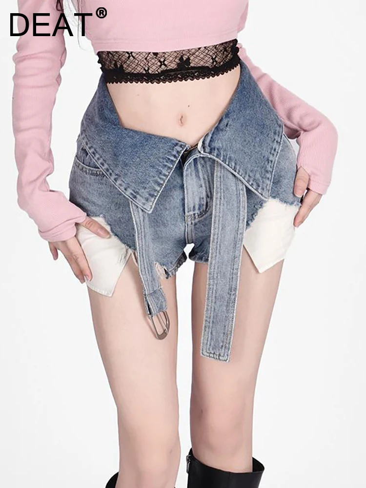 

DEAT Fashion Women's Denim Shorts Flanging High Waist Sashes Holes Big Pockets Wide Leg Short Jeans Summer 2023 New 11XX2448
