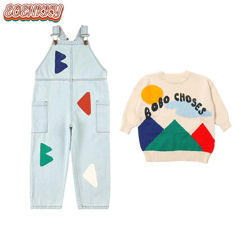 Детские джинсовые комбинезоны для девочек комплекты свитеров хлопковые с