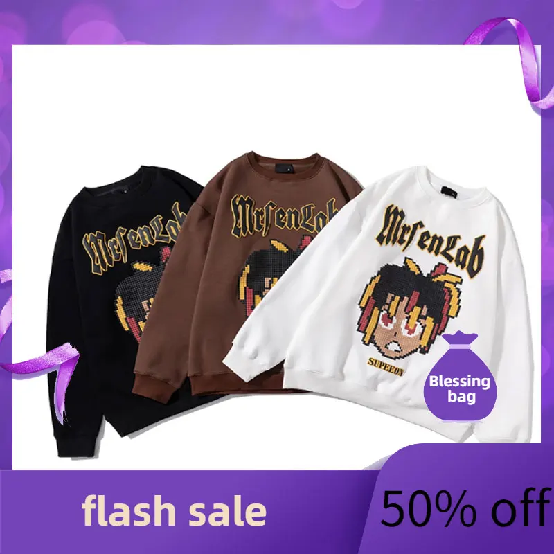 

Trendy American plush cartoon printed round neck sweater for men bf autumn and winter loose personality hoodless hip-hop