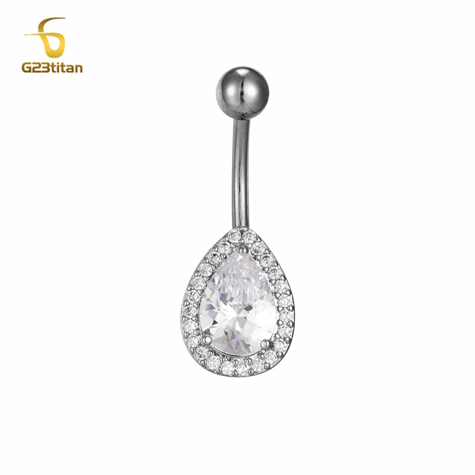 

Bright Zircons Silver Color Belly Button Rings G23 Titanium Piercing Navel Jewelry Big Water Drop Classic Style Body Accessories