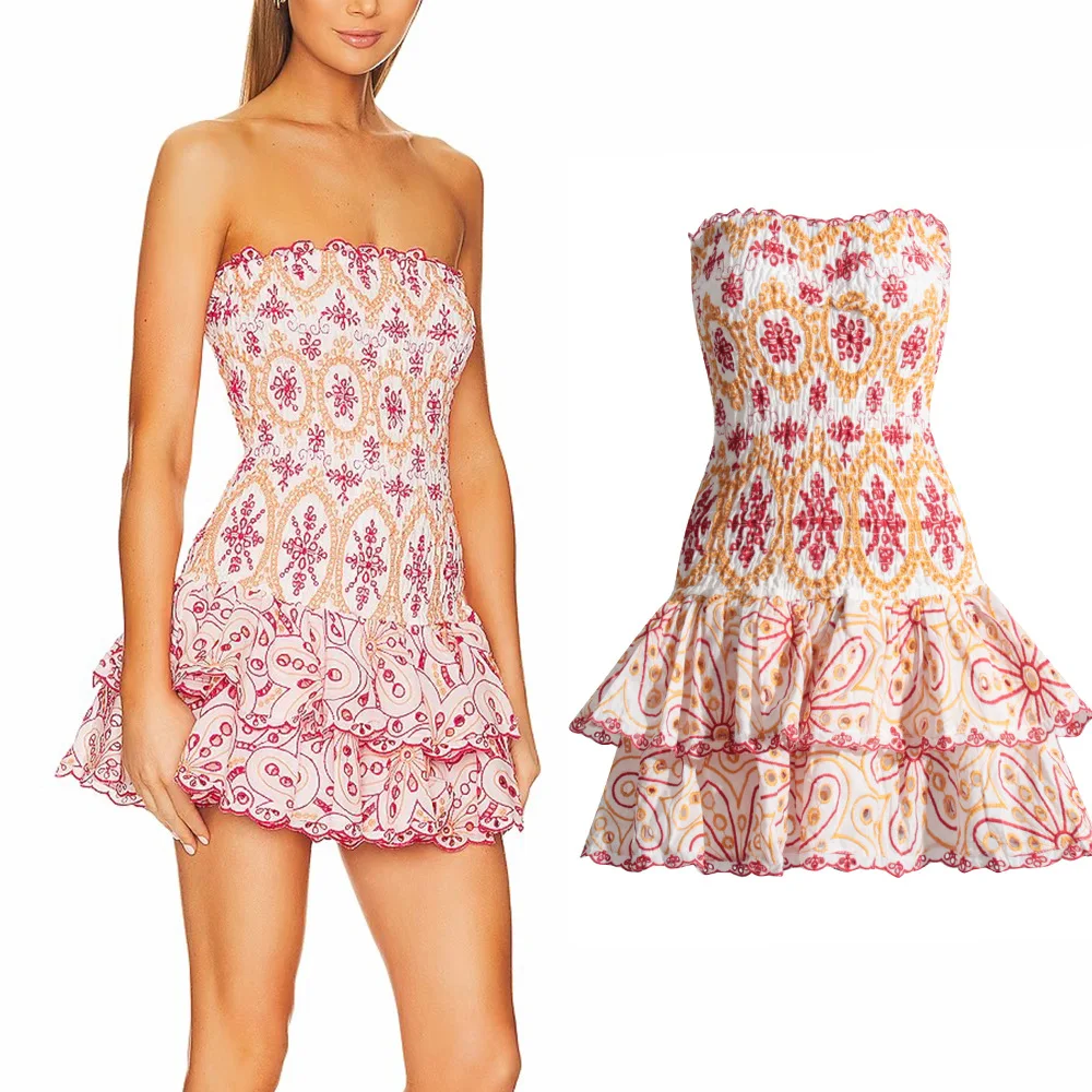 

Pattern Embroidery Hollow Sexy Mini Dress for Women 2023 Autumn New Tube Top Ruffle Dress Waist Slimming Printed Slim Skirt