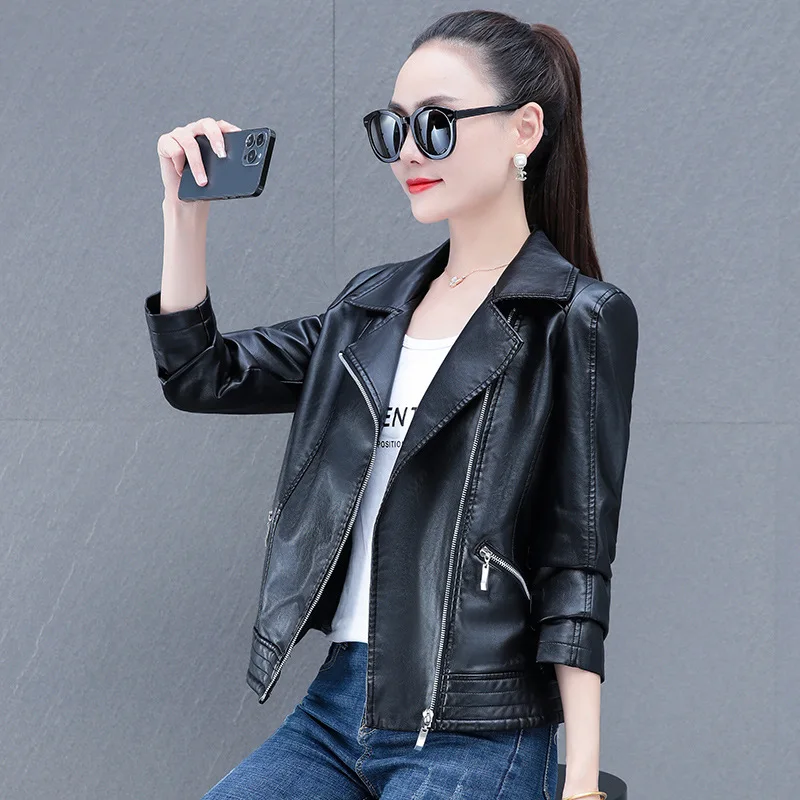 Short Leather Women's Coat Spring  Autumn Fashion Casual Women's Motorcycle Jacket Top Skinny Girl Zipper Motocycle Jackets