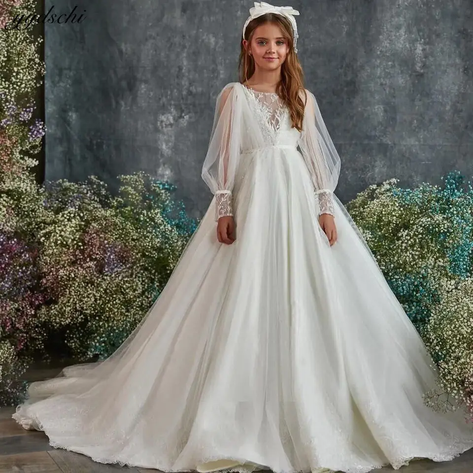 

Белое ТРАПЕЦИЕВИДНОЕ ПЛАТЬЕ с длинными рукавами и цветочным принтом для девочки на свадьбу 2023 кружевные блестящие платья принцессы с аппликацией и блестками для первого причастия